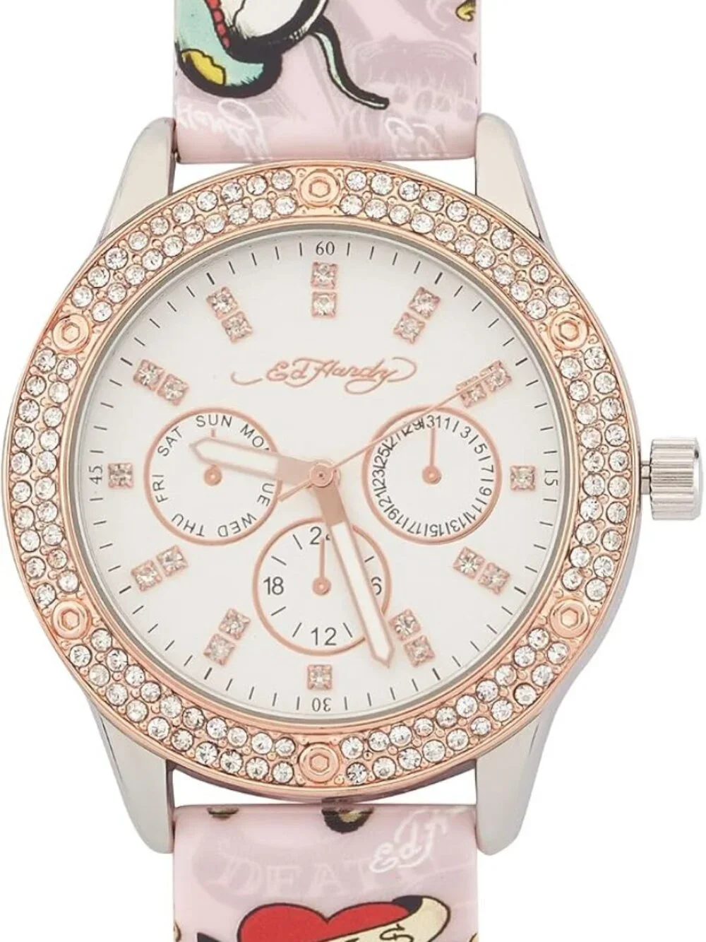 ED HARDY Ladies Light Silver Dial/Matte Pink Artwork Silicone Strap Analog Watch